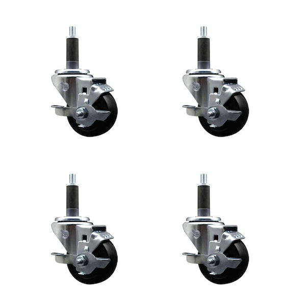 3'' Soft Rubber Swivel 1'' Expanding Stem Caster Set with Brake, 4PK